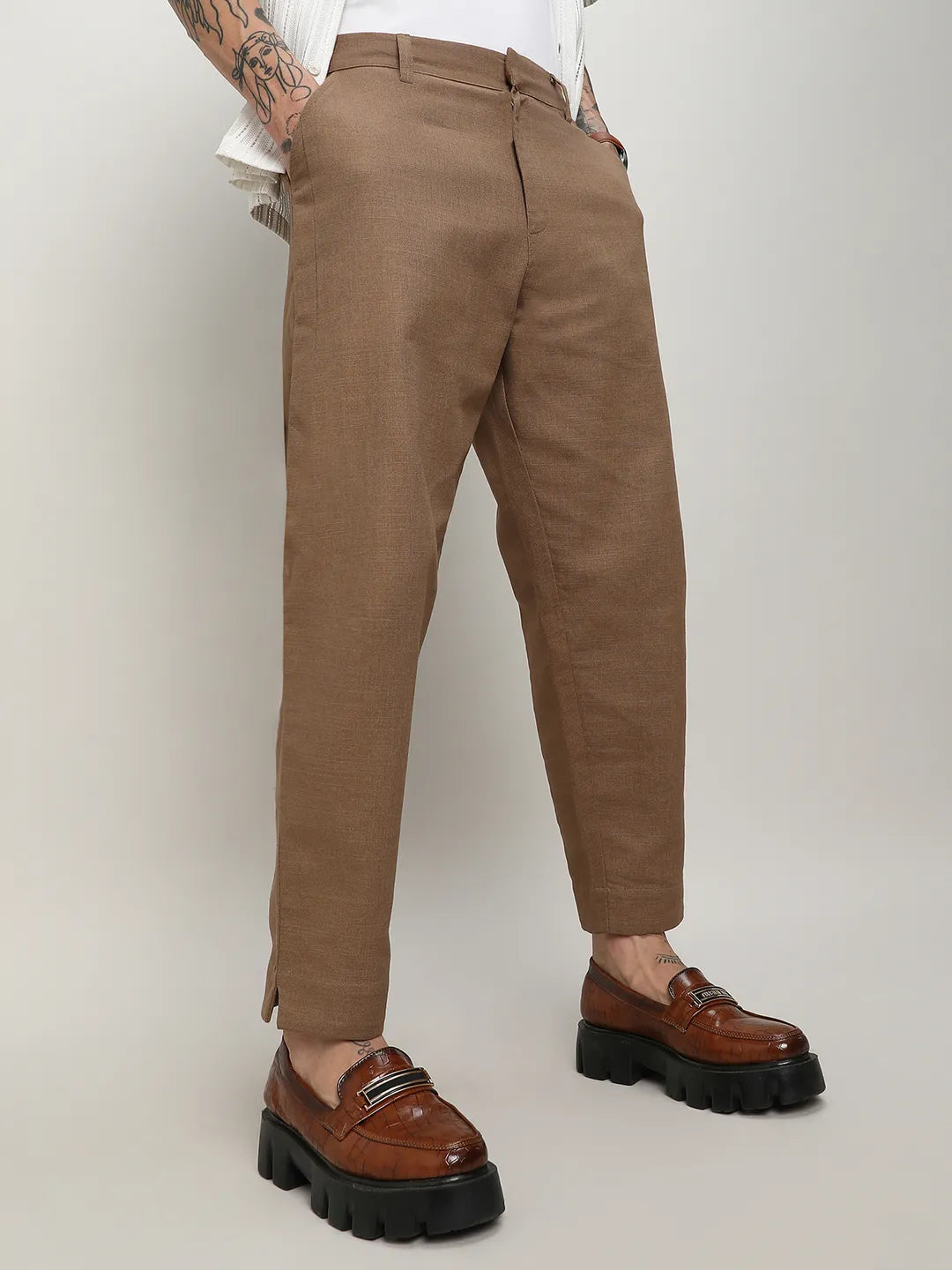Mens Tan Brown Solid Tailored Trousers