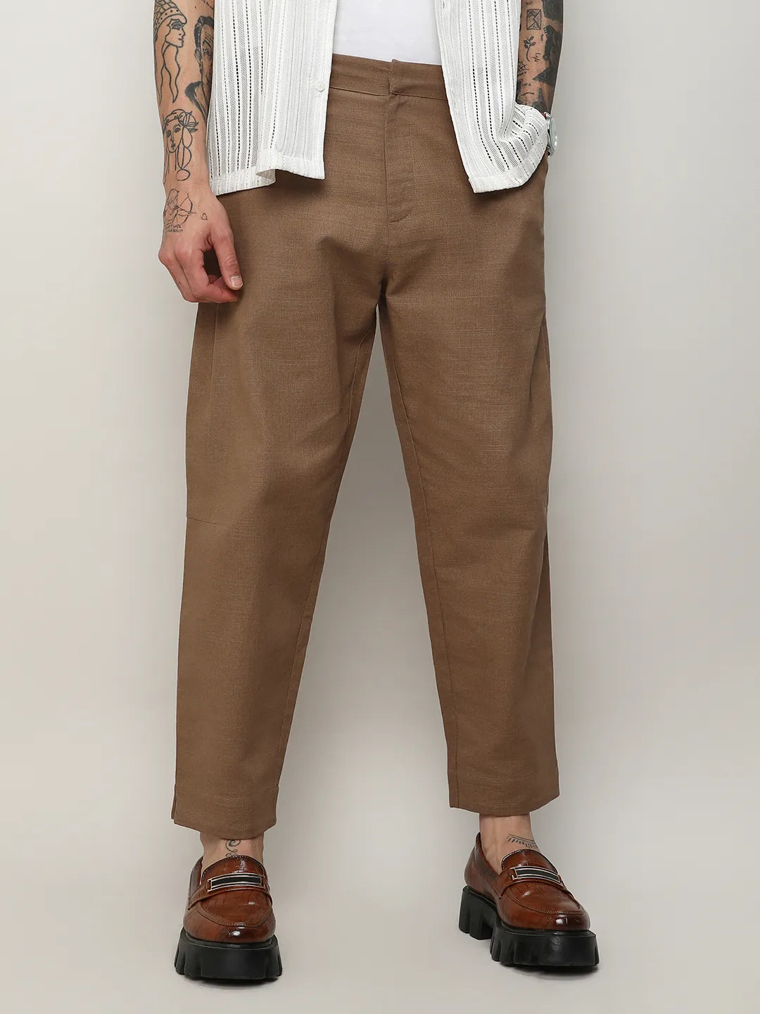 Mens Tan Brown Solid Tailored Trousers