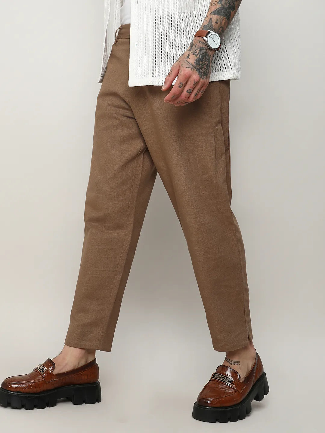 Mens Tan Brown Solid Tailored Trousers