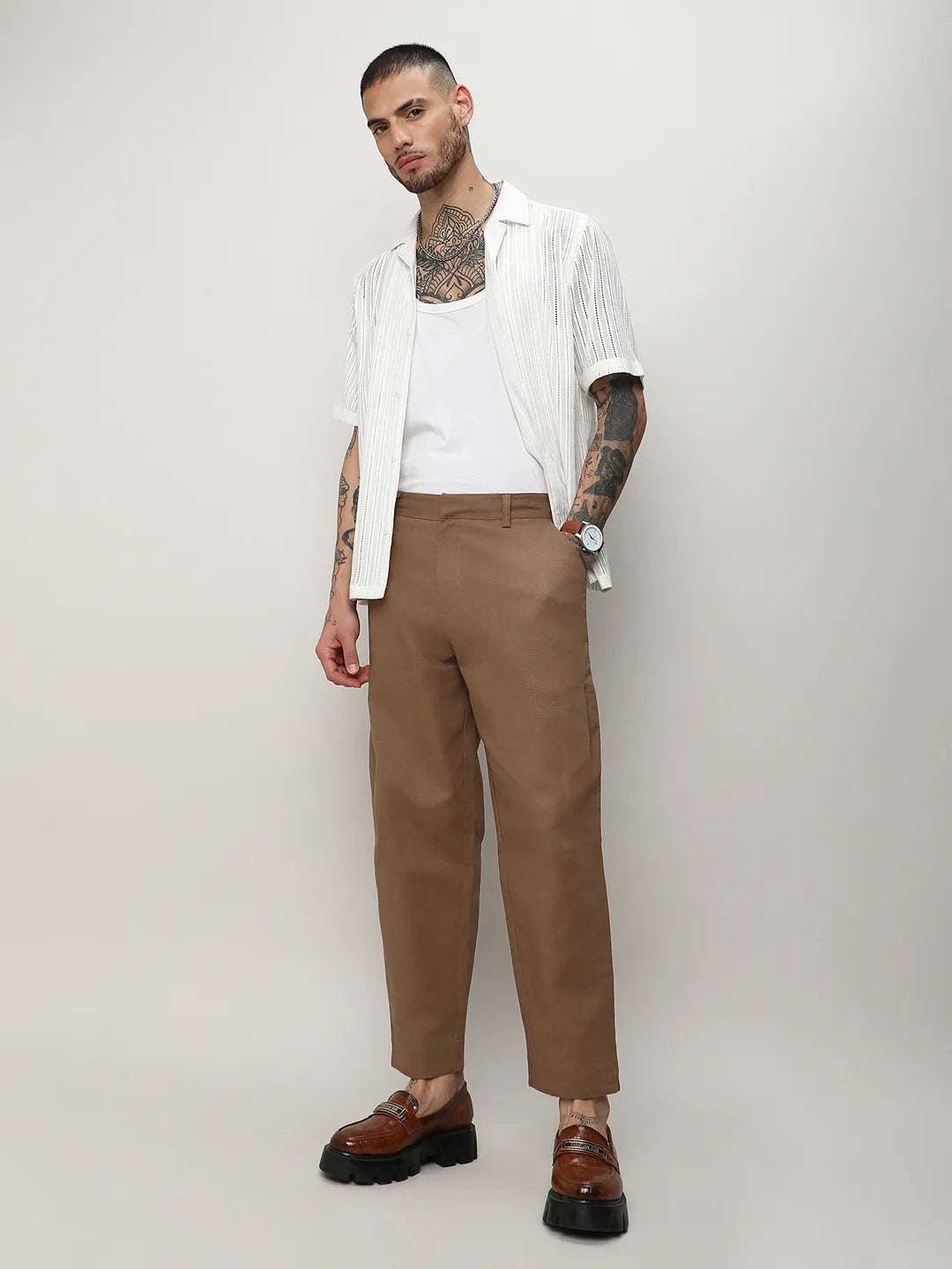 Mens Tan Brown Solid Tailored Trousers