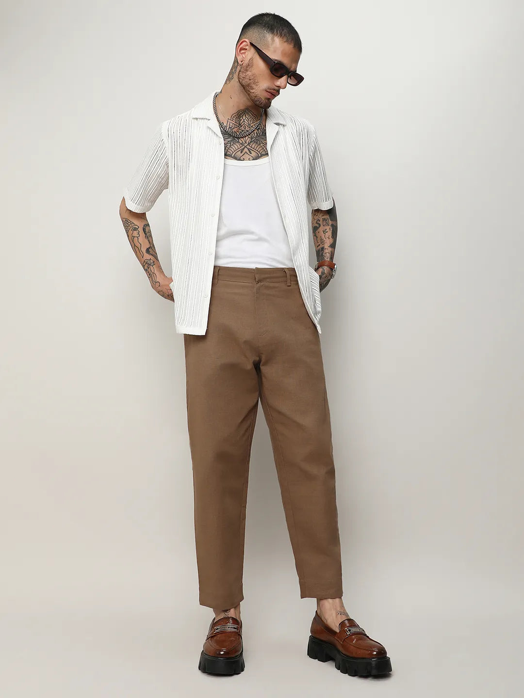 Mens Tan Brown Solid Tailored Trousers