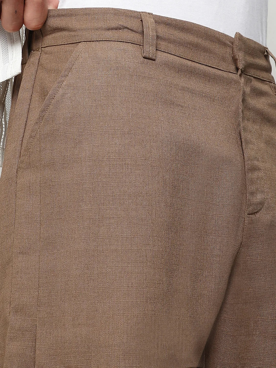Mens Tan Brown Solid Tailored Trousers