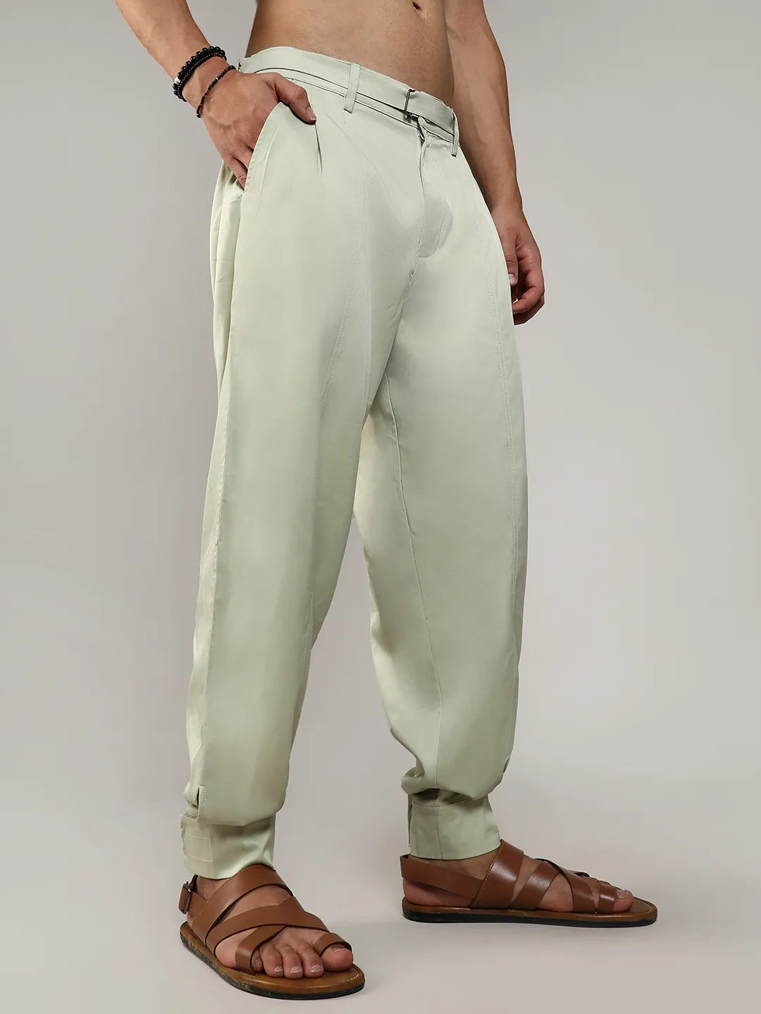 Mens Pale Green Satin Tapered Trousers