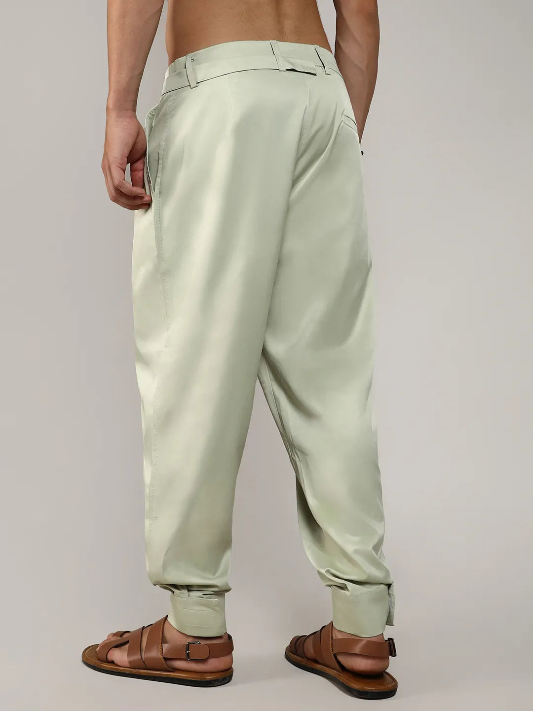 Mens Pale Green Satin Tapered Trousers