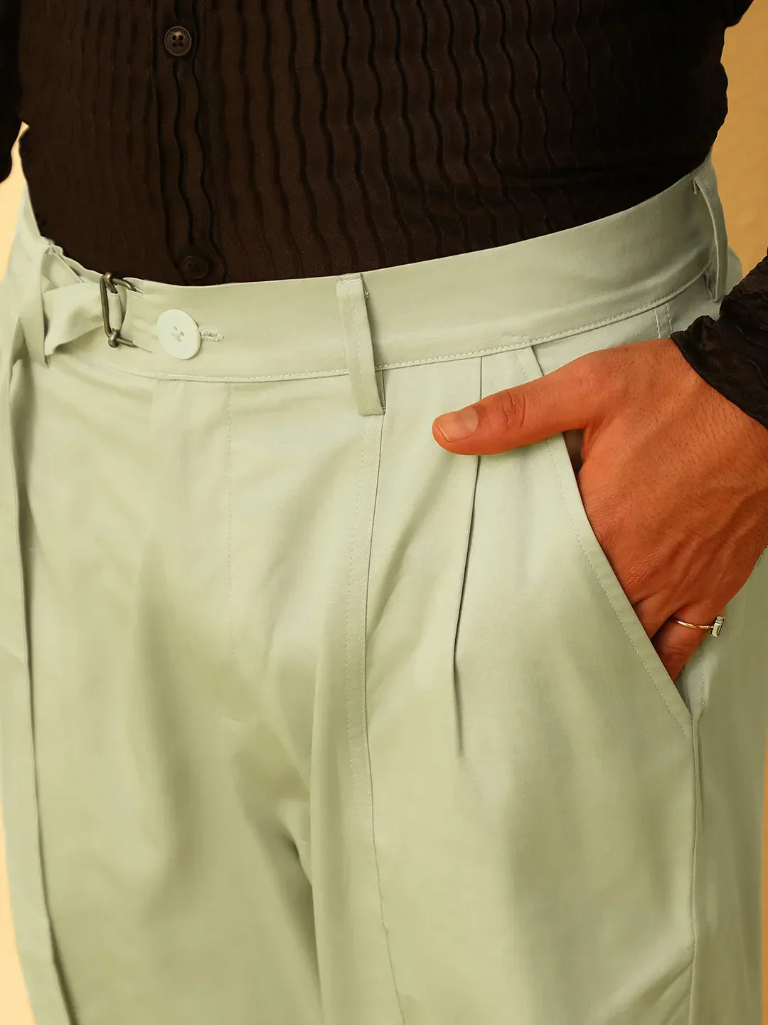 Mens Pale Green Satin Tapered Trousers