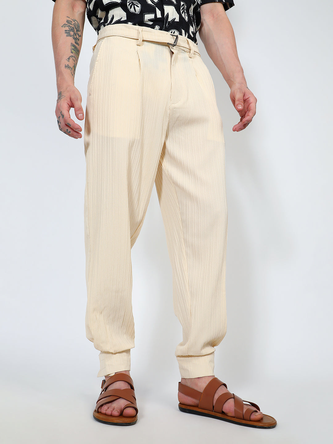 Mens Pale Yellow Textured Cuff Hem Trousers