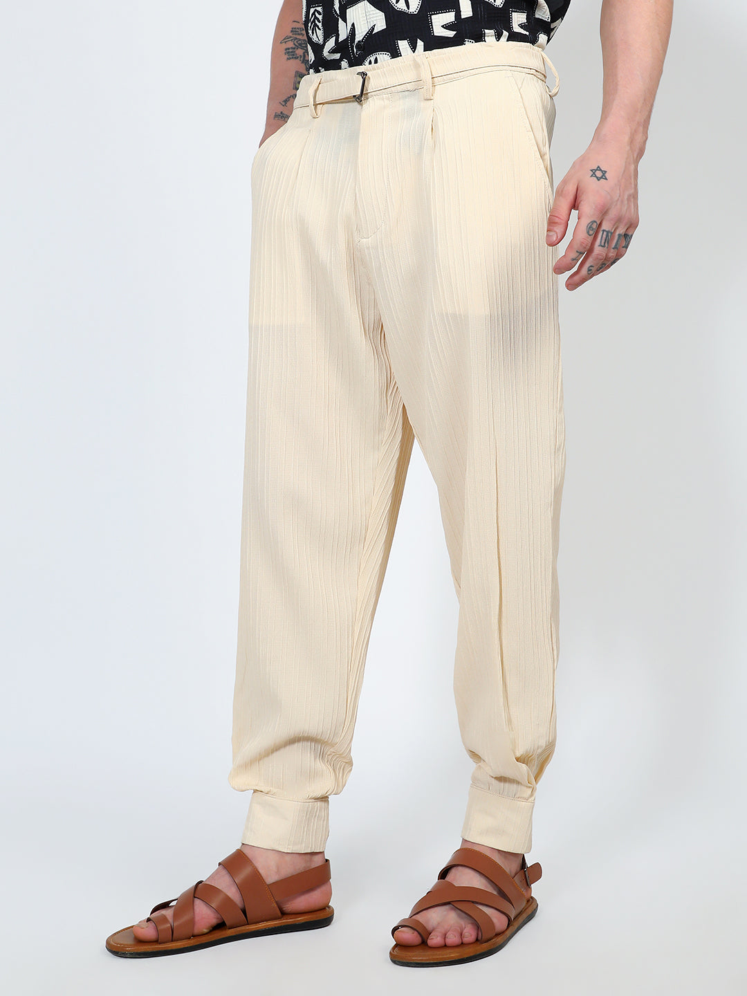 Mens Pale Yellow Textured Cuff Hem Trousers