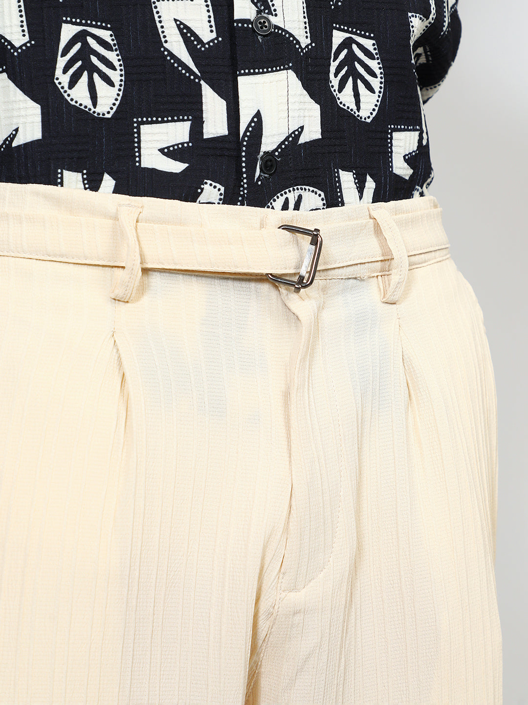 Mens Pale Yellow Textured Cuff Hem Trousers