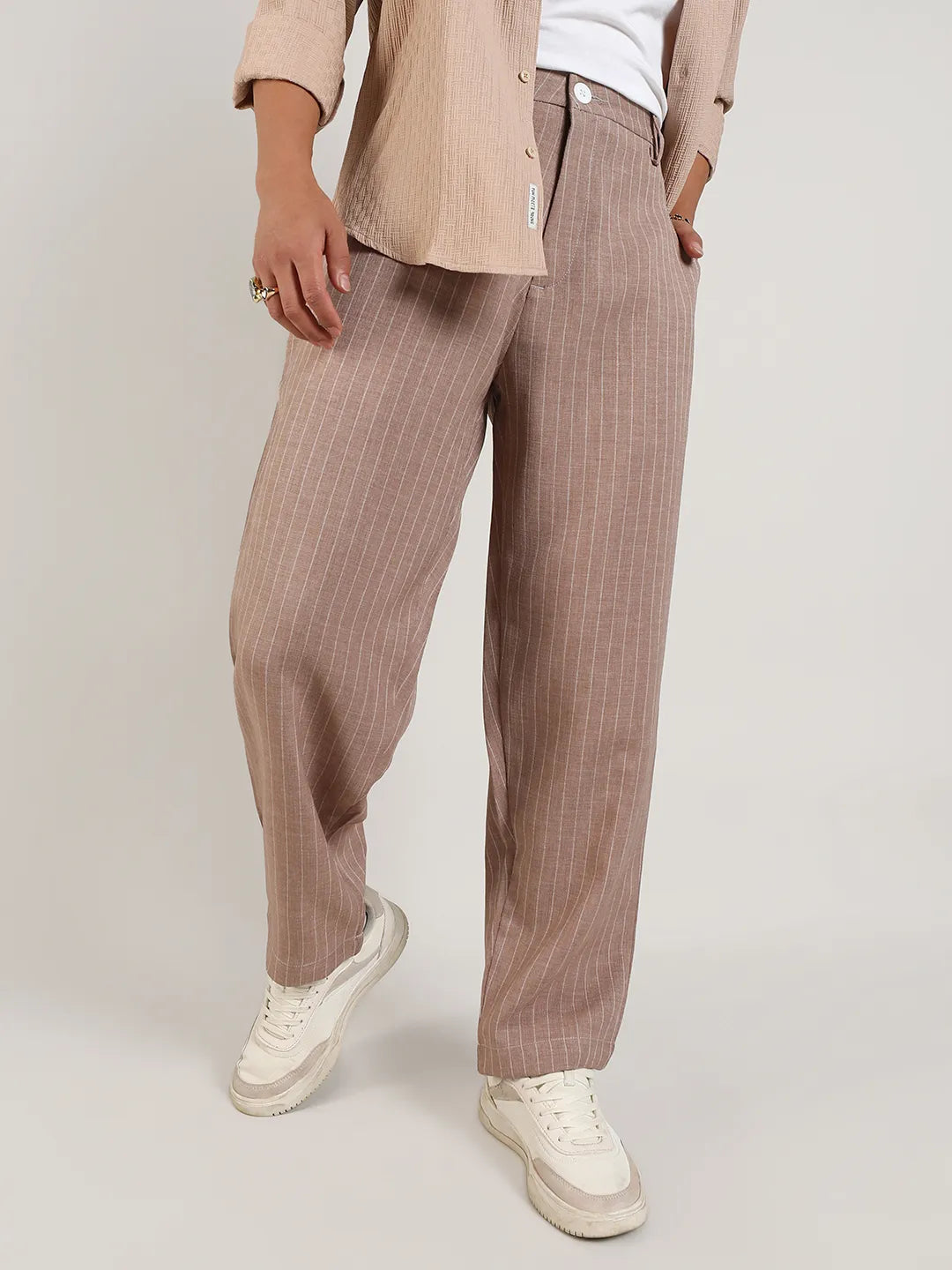 Mens Tan Brown Pinstriped Trousers