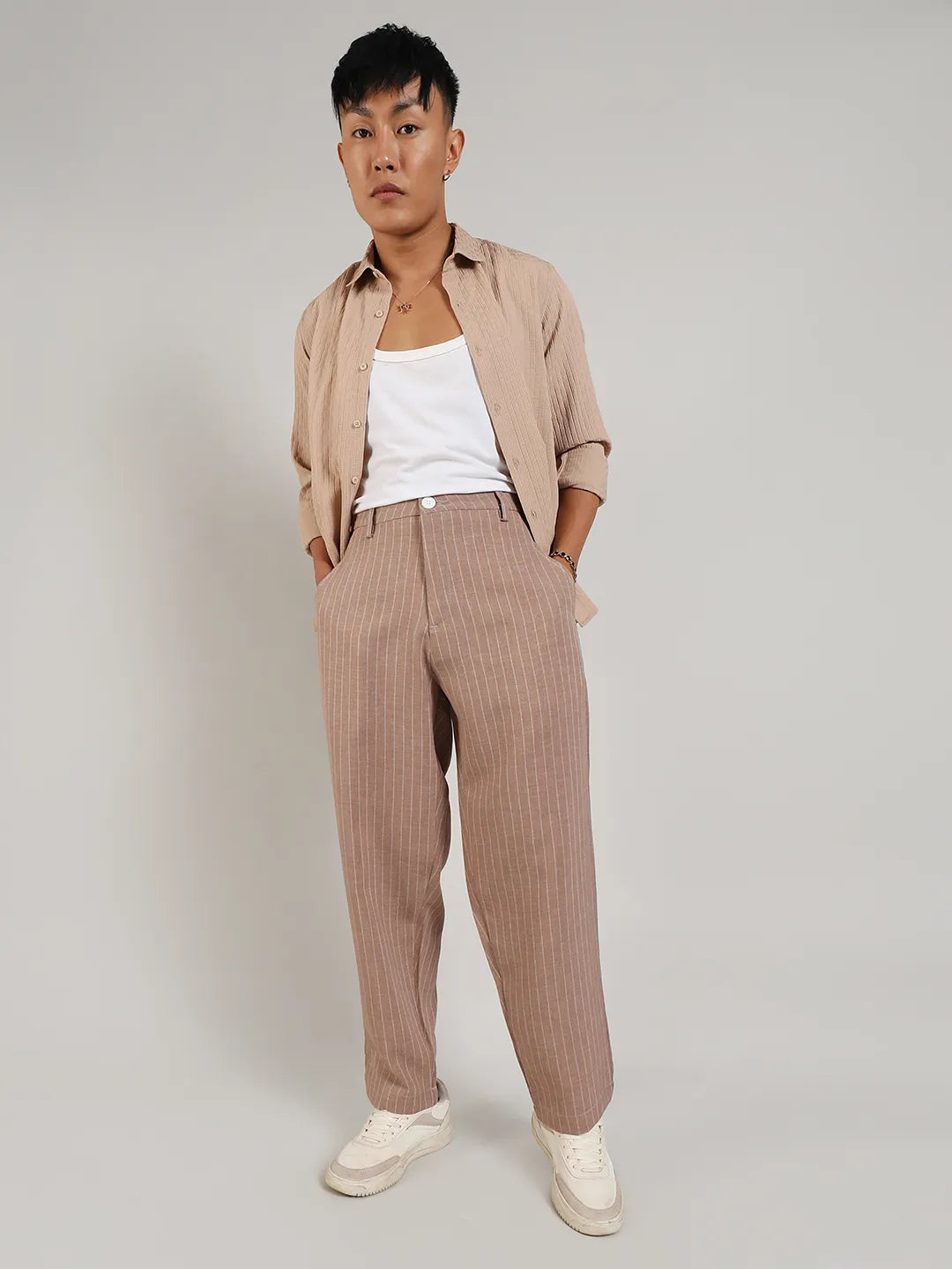 Mens Tan Brown Pinstriped Trousers