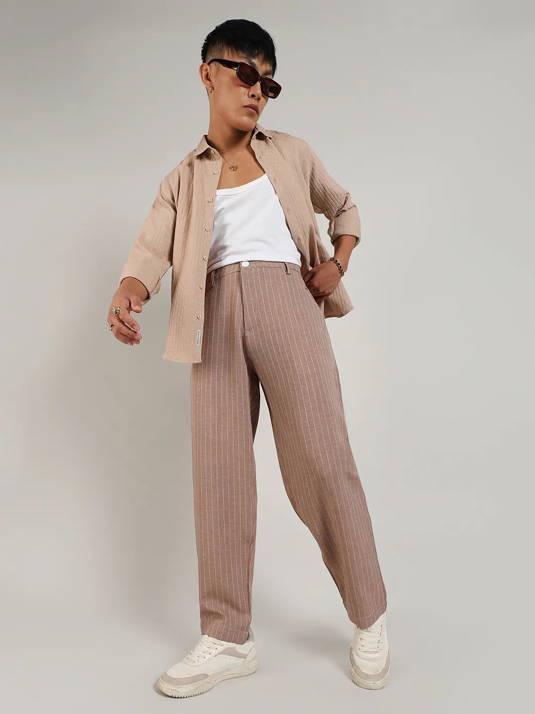Mens Tan Brown Pinstriped Trousers