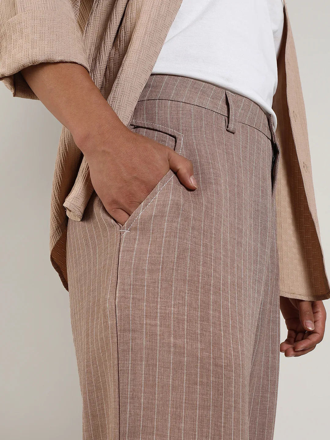 Mens Tan Brown Pinstriped Trousers