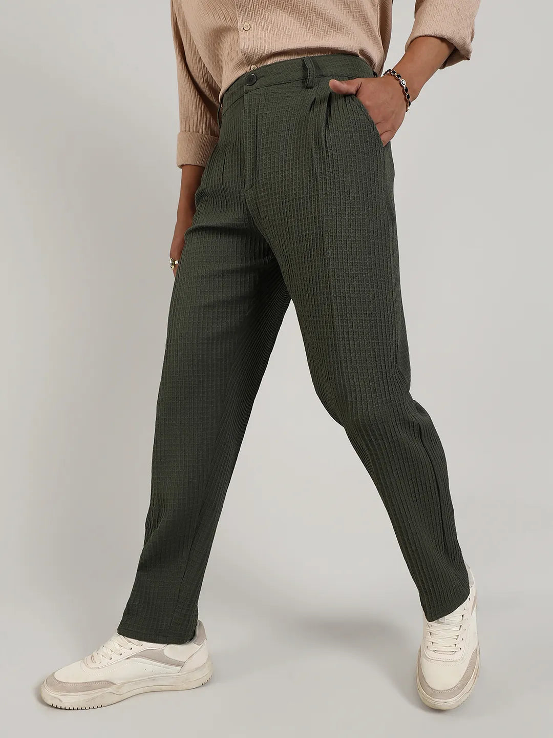 Mens Forest Green Textured Graph Check Trousers