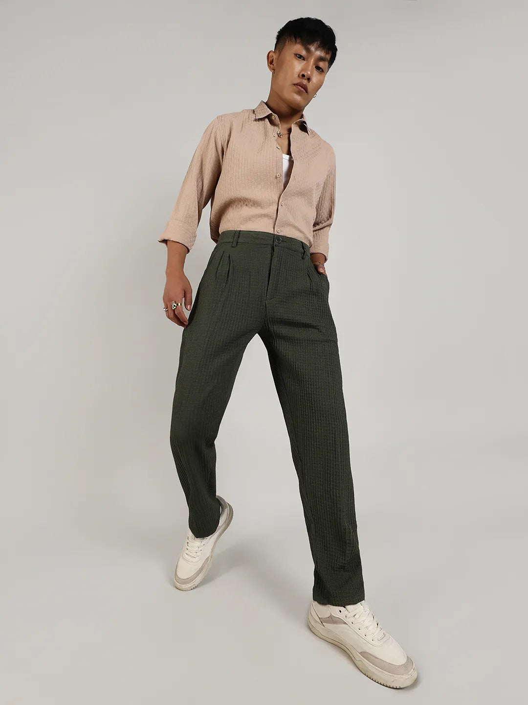 Mens Forest Green Textured Graph Check Trousers