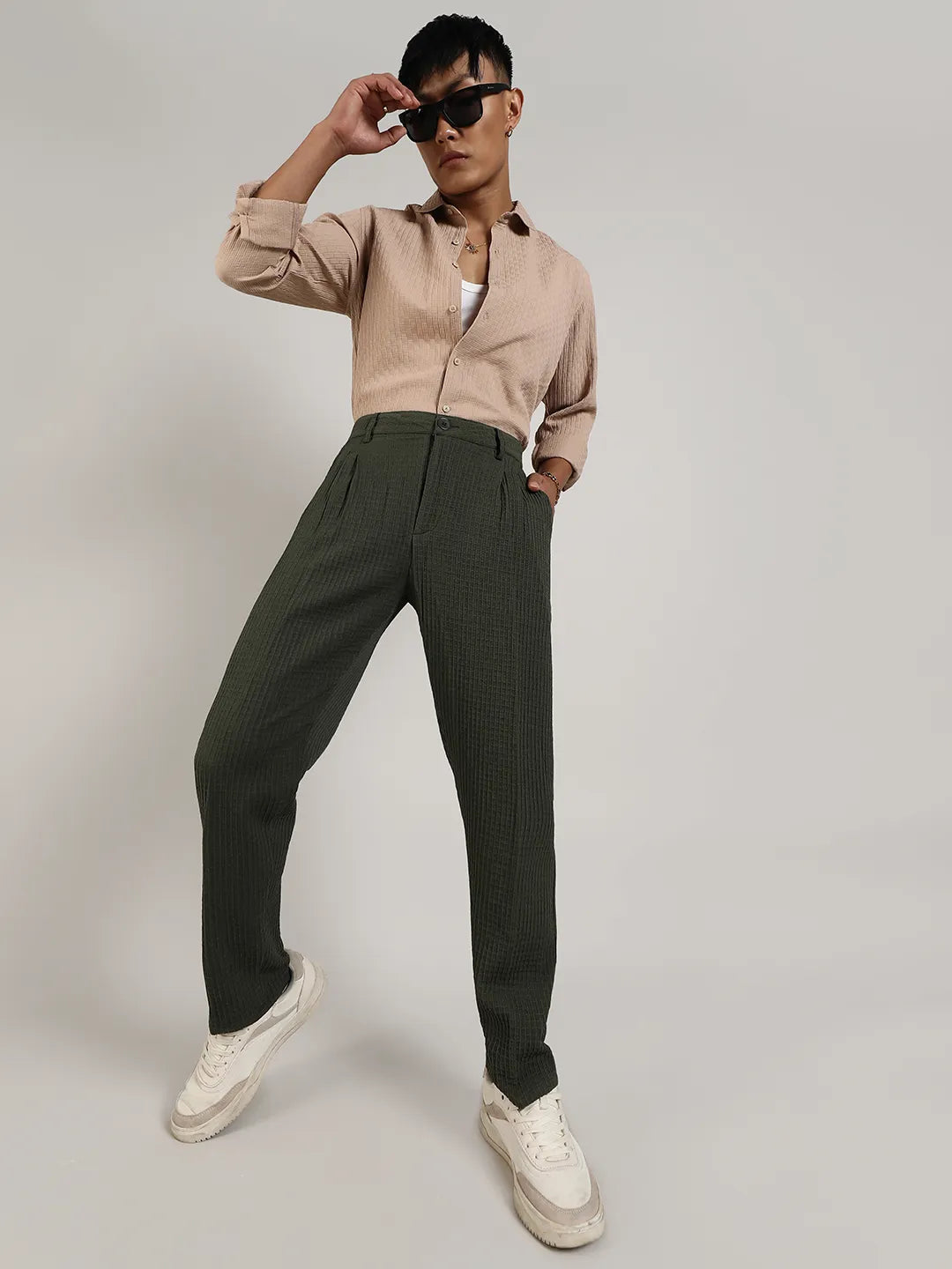 Mens Forest Green Textured Graph Check Trousers