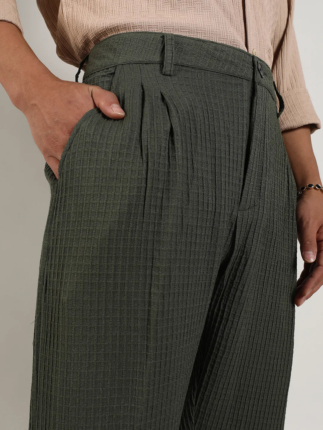 Mens Forest Green Textured Graph Check Trousers