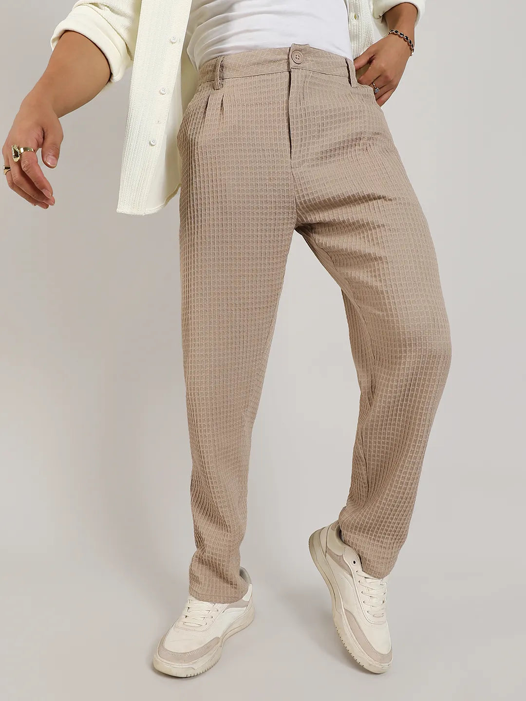 Mens Beige Textured Graph Check Trousers