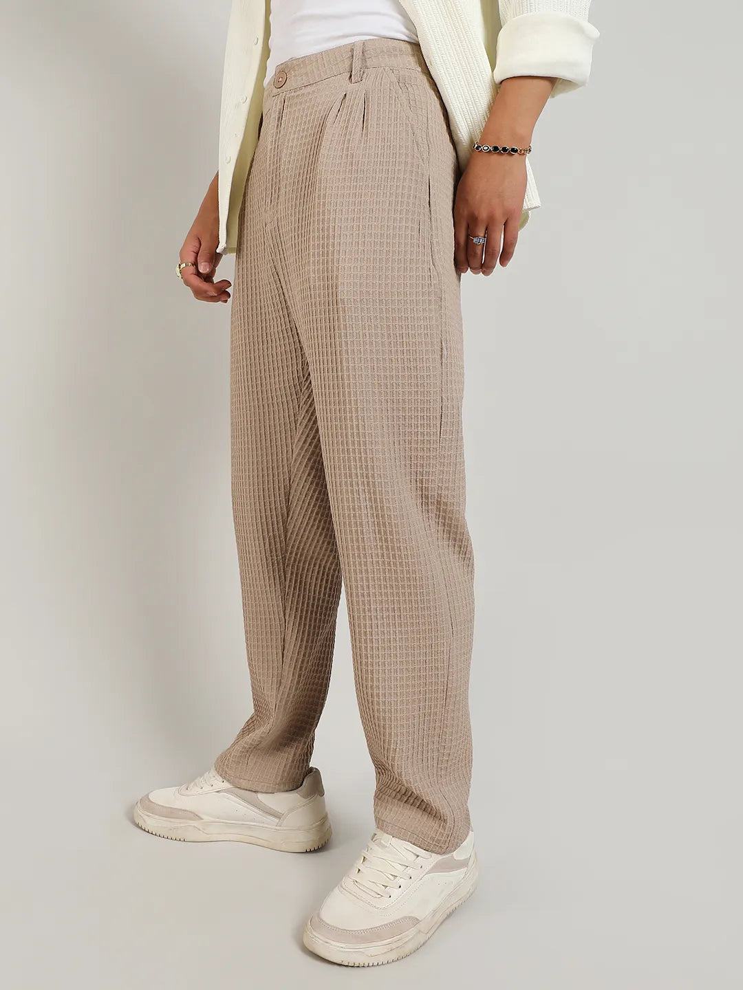 Mens Beige Textured Graph Check Trousers