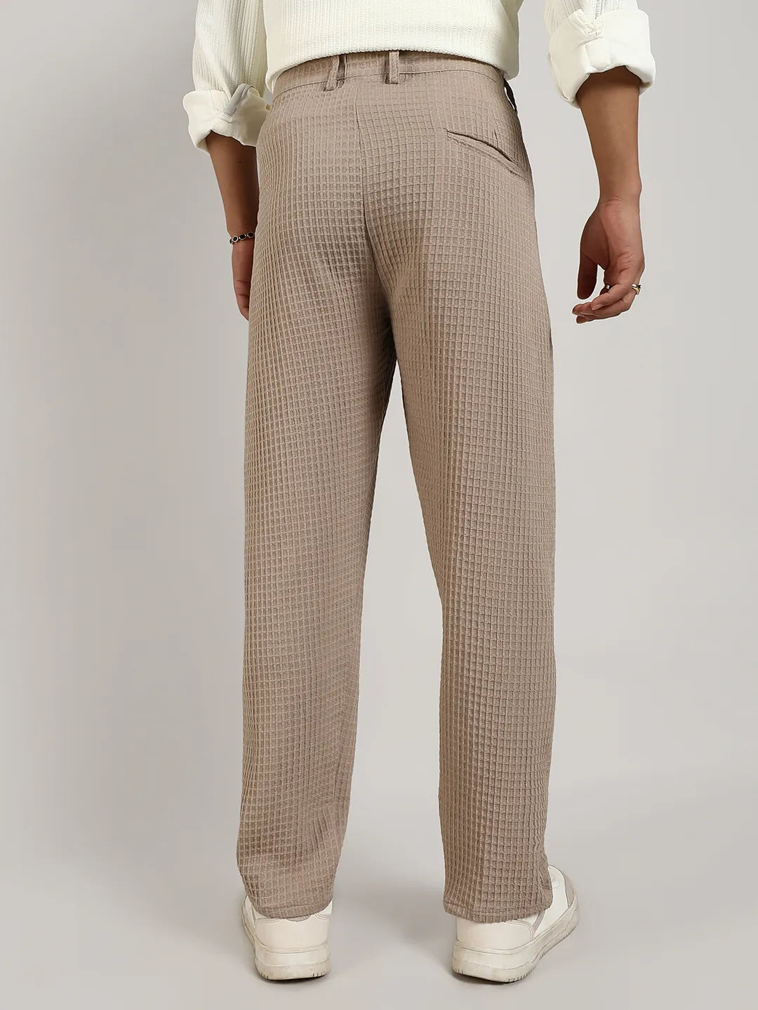 Mens Beige Textured Graph Check Trousers