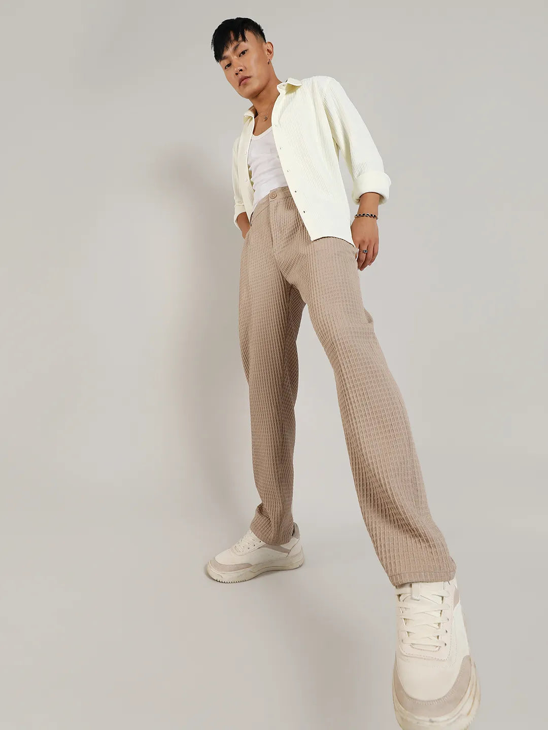 Mens Beige Textured Graph Check Trousers