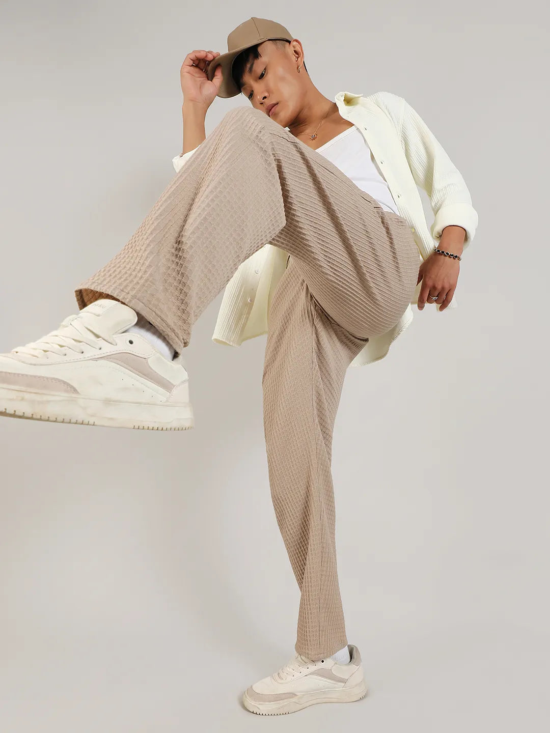 Mens Beige Textured Graph Check Trousers
