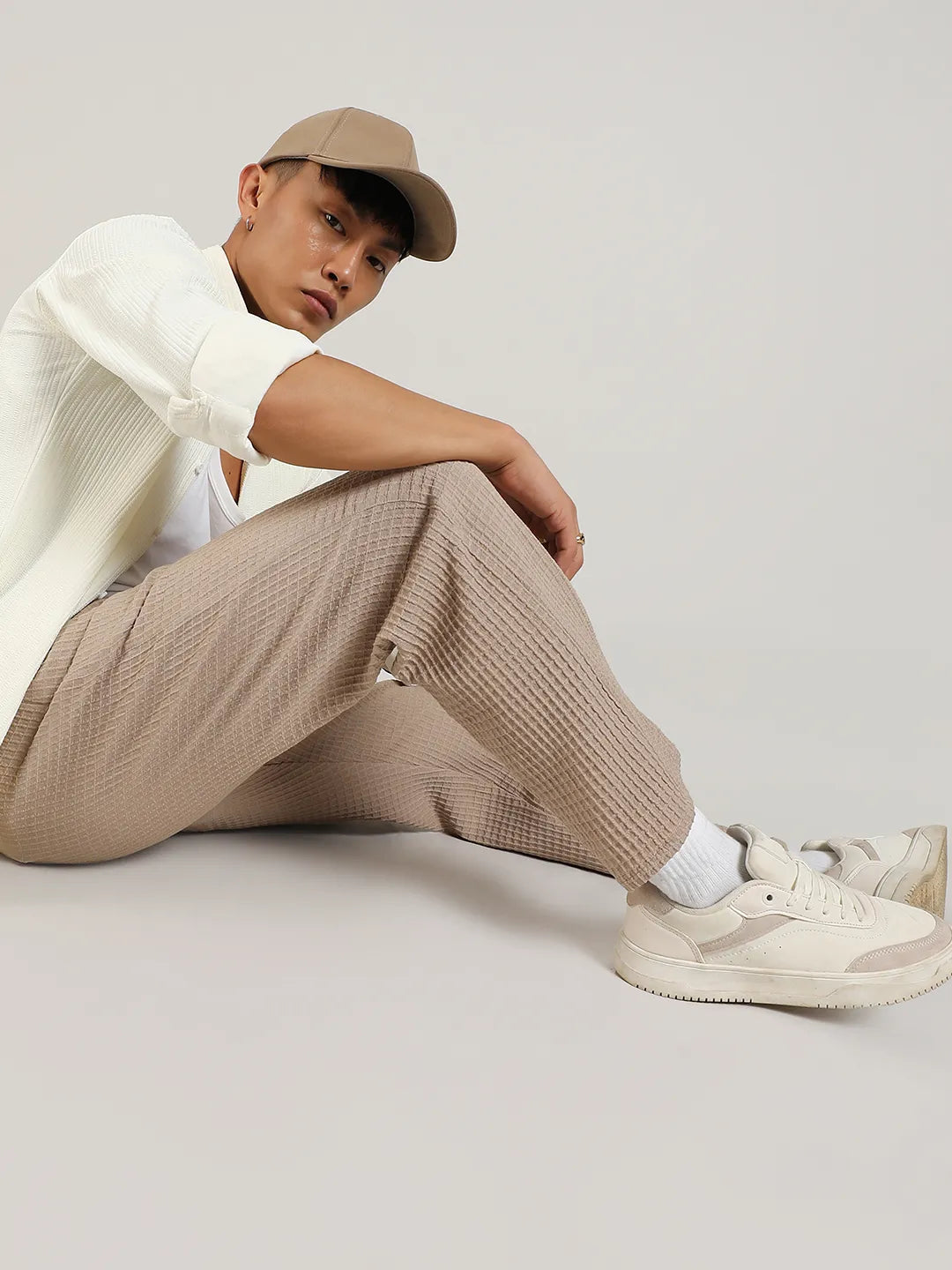 Mens Beige Textured Graph Check Trousers
