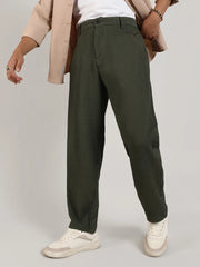 Mens Army Green Textured Graph Check Trousers