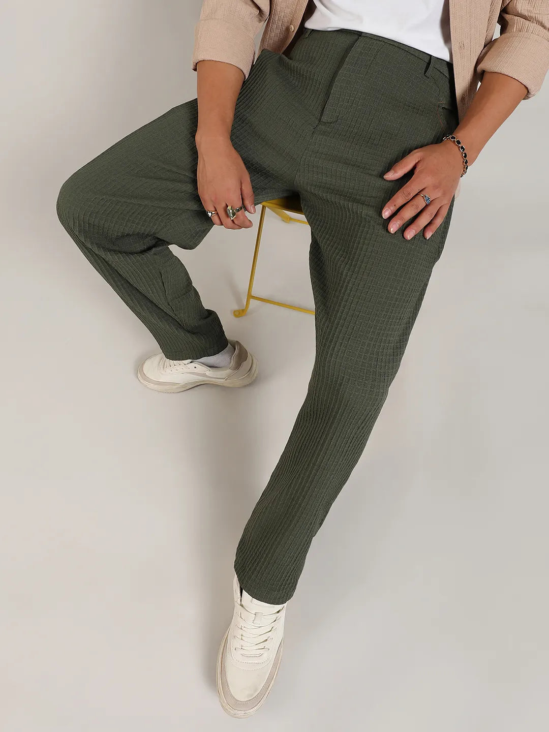 Mens Army Green Textured Graph Check Trousers