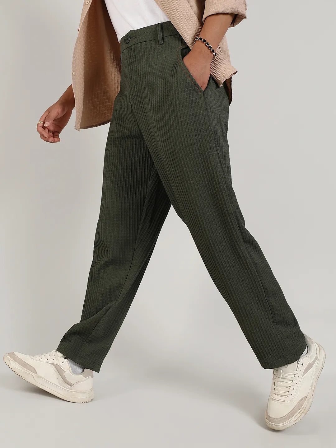 Mens Army Green Textured Graph Check Trousers