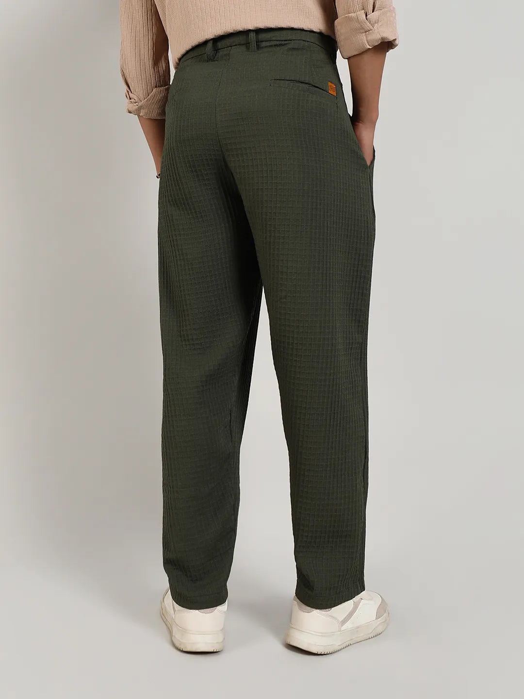 Mens Army Green Textured Graph Check Trousers