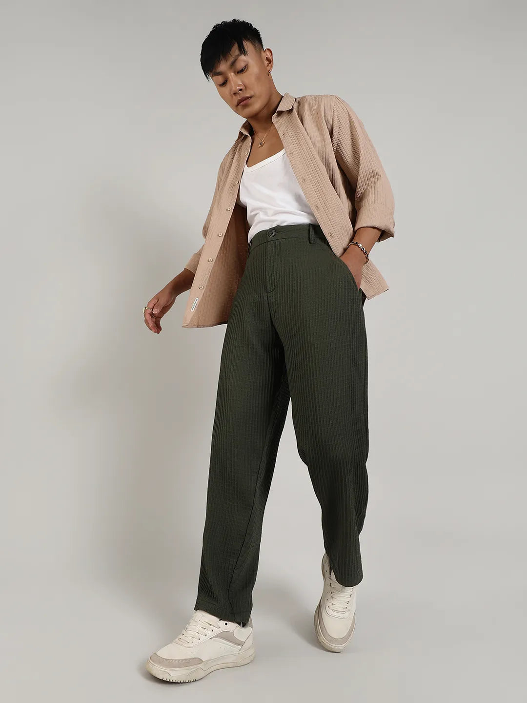 Mens Army Green Textured Graph Check Trousers