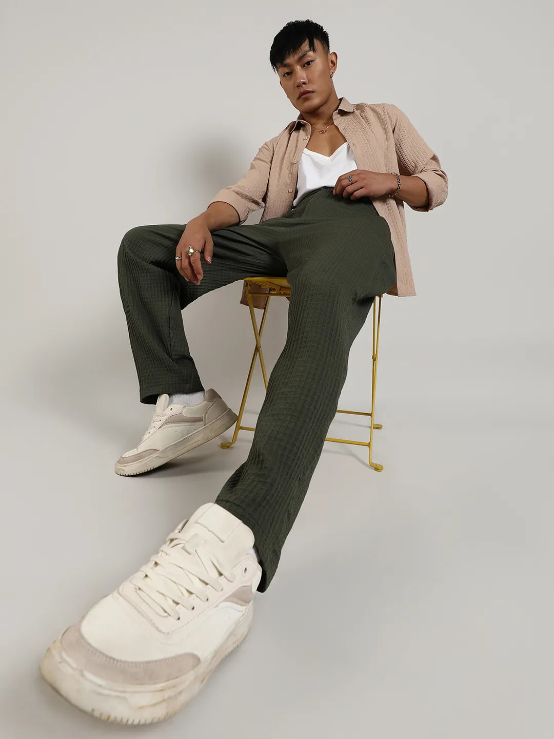 Mens Army Green Textured Graph Check Trousers