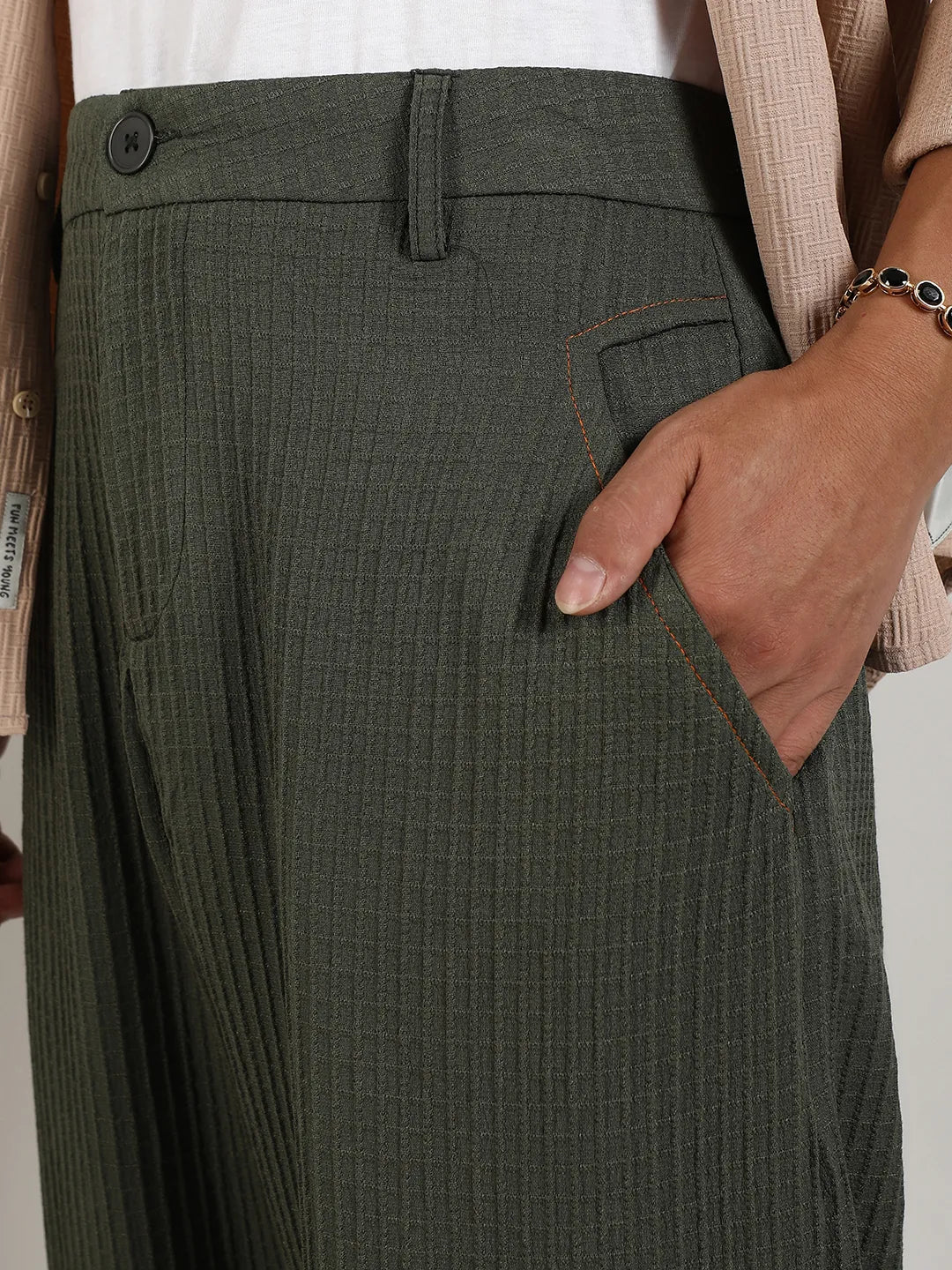 Mens Army Green Textured Graph Check Trousers