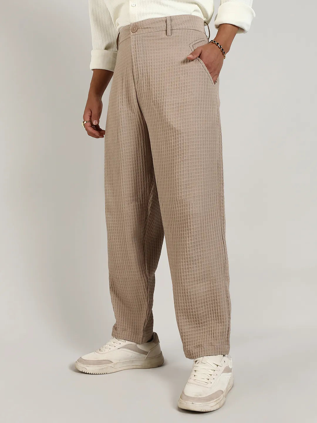 Mens Beige Textured Graph Check Trousers