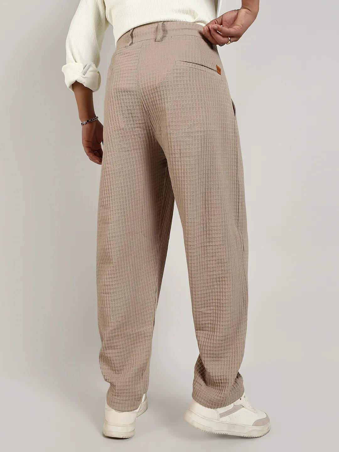 Mens Beige Textured Graph Check Trousers