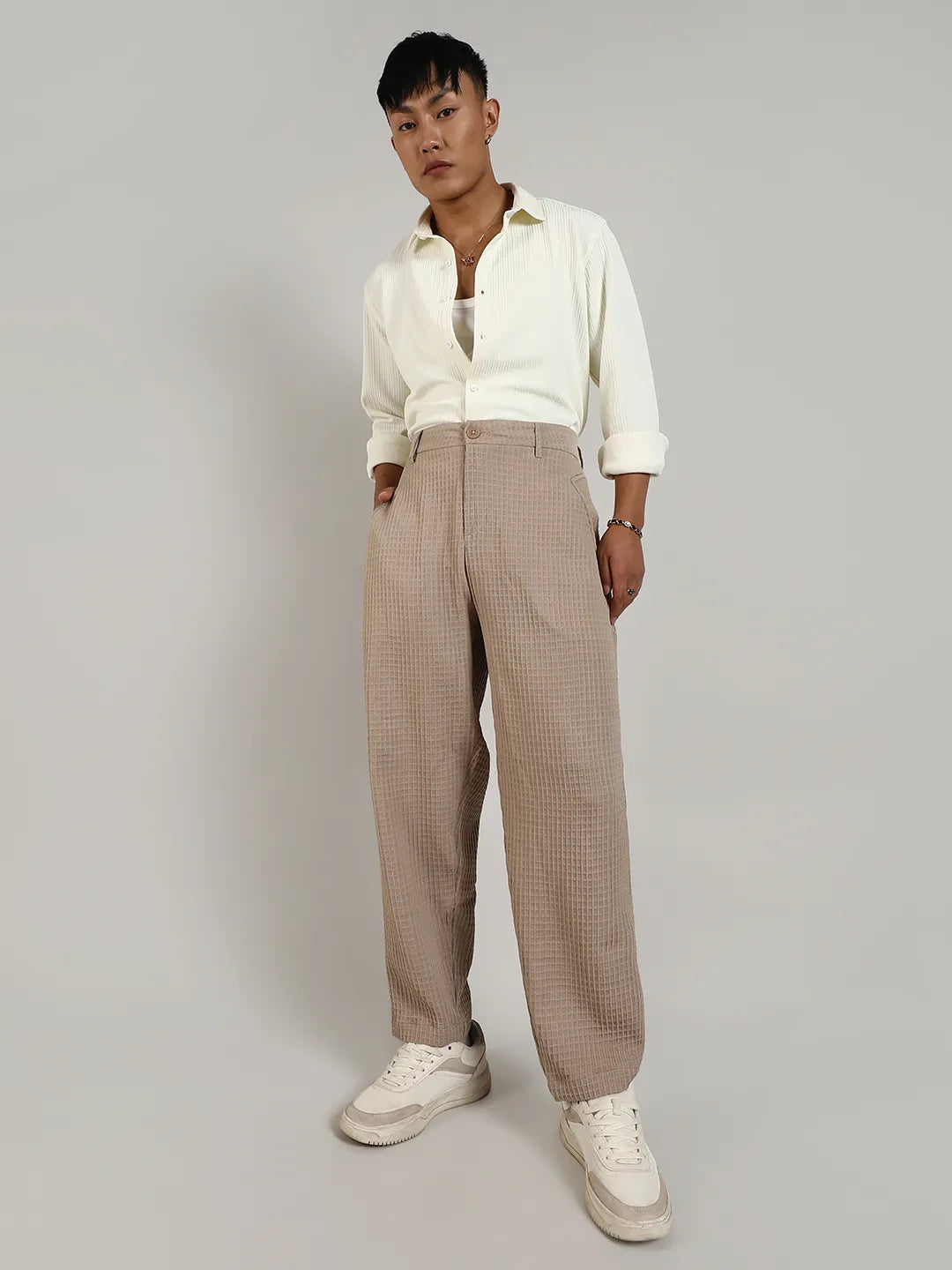Mens Beige Textured Graph Check Trousers