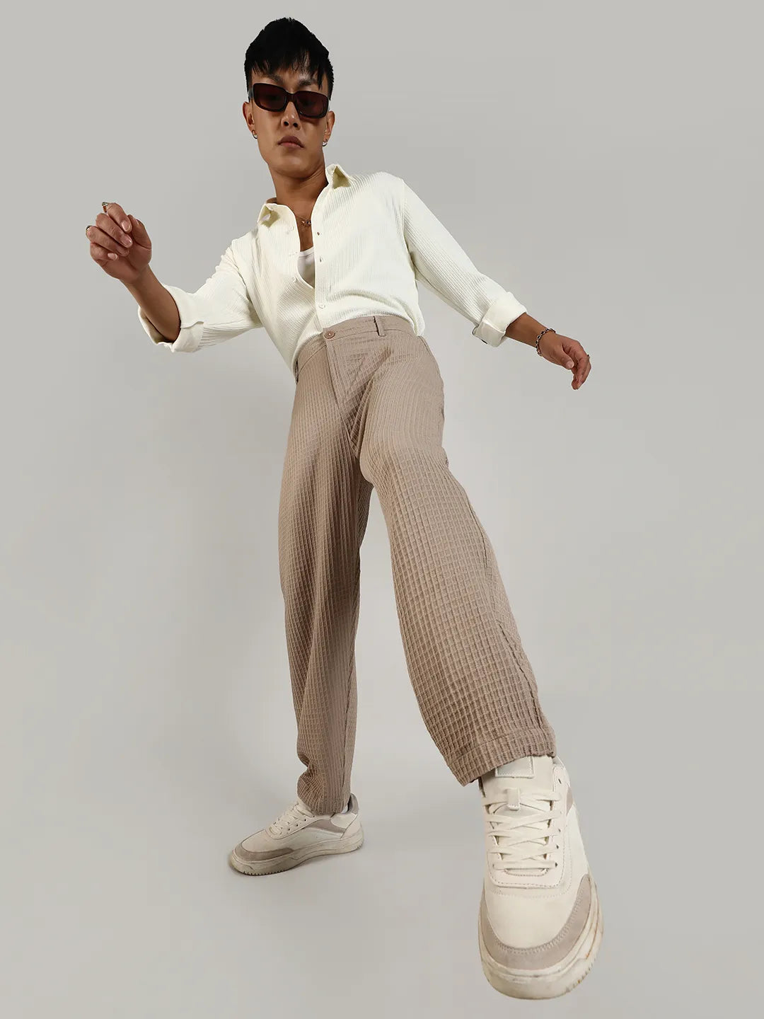 Mens Beige Textured Graph Check Trousers