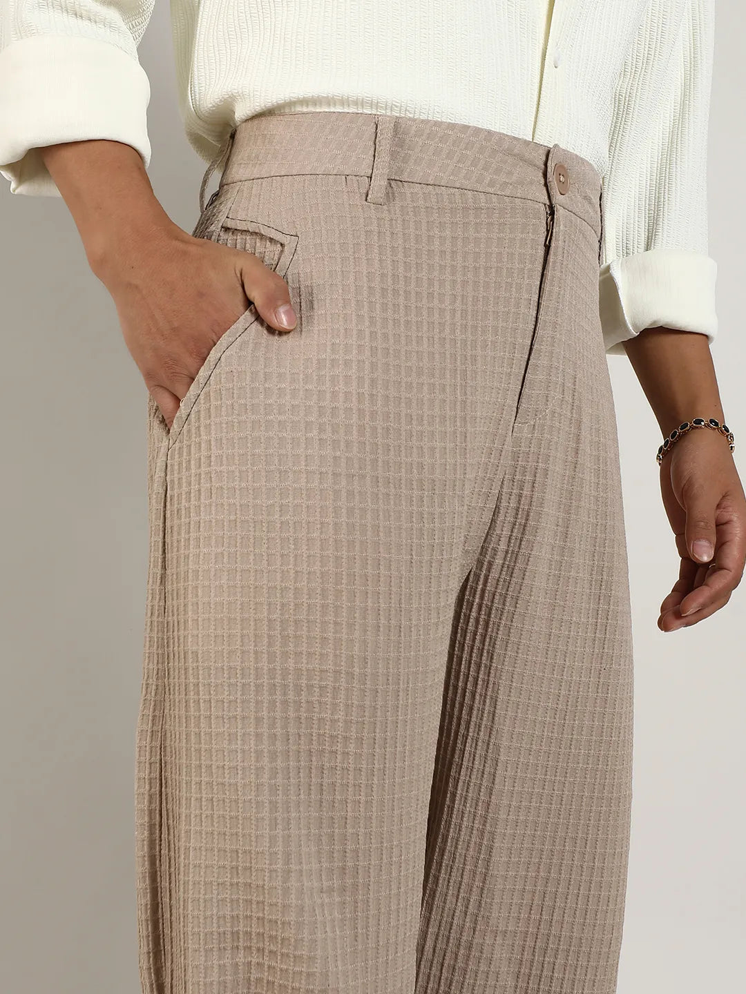Mens Beige Textured Graph Check Trousers