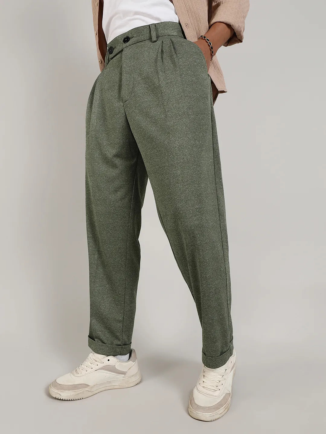 Mens Olive Green Tailored Heathered Trousers