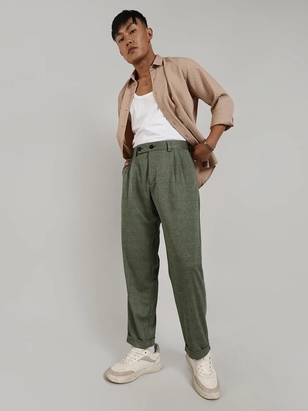 Mens Olive Green Tailored Heathered Trousers