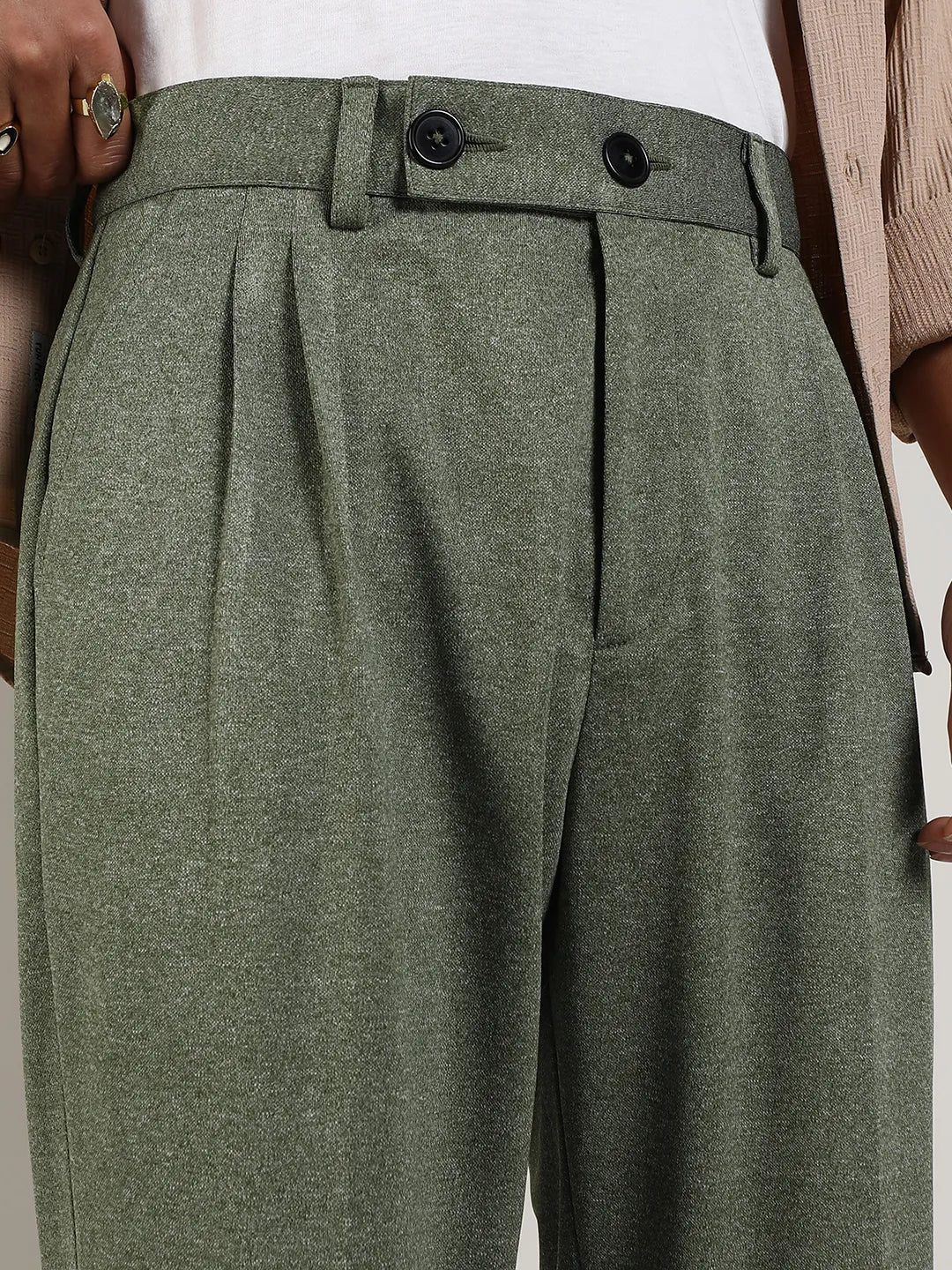 Mens Olive Green Tailored Heathered Trousers