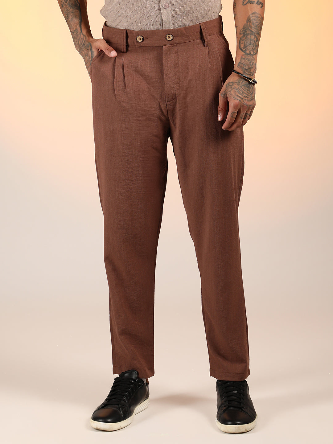 Mens Chesnut Brown Slim Fit Pleated Trousers