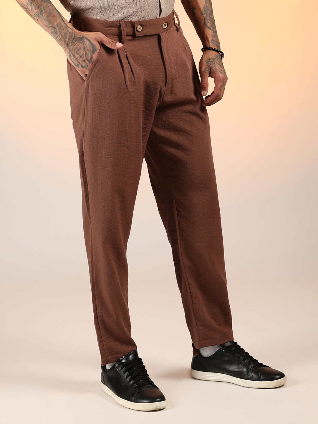 Mens Chesnut Brown Slim Fit Pleated Trousers
