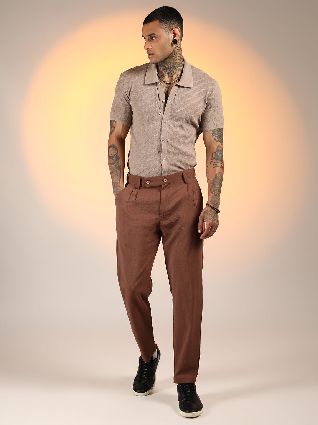 Mens Chesnut Brown Slim Fit Pleated Trousers
