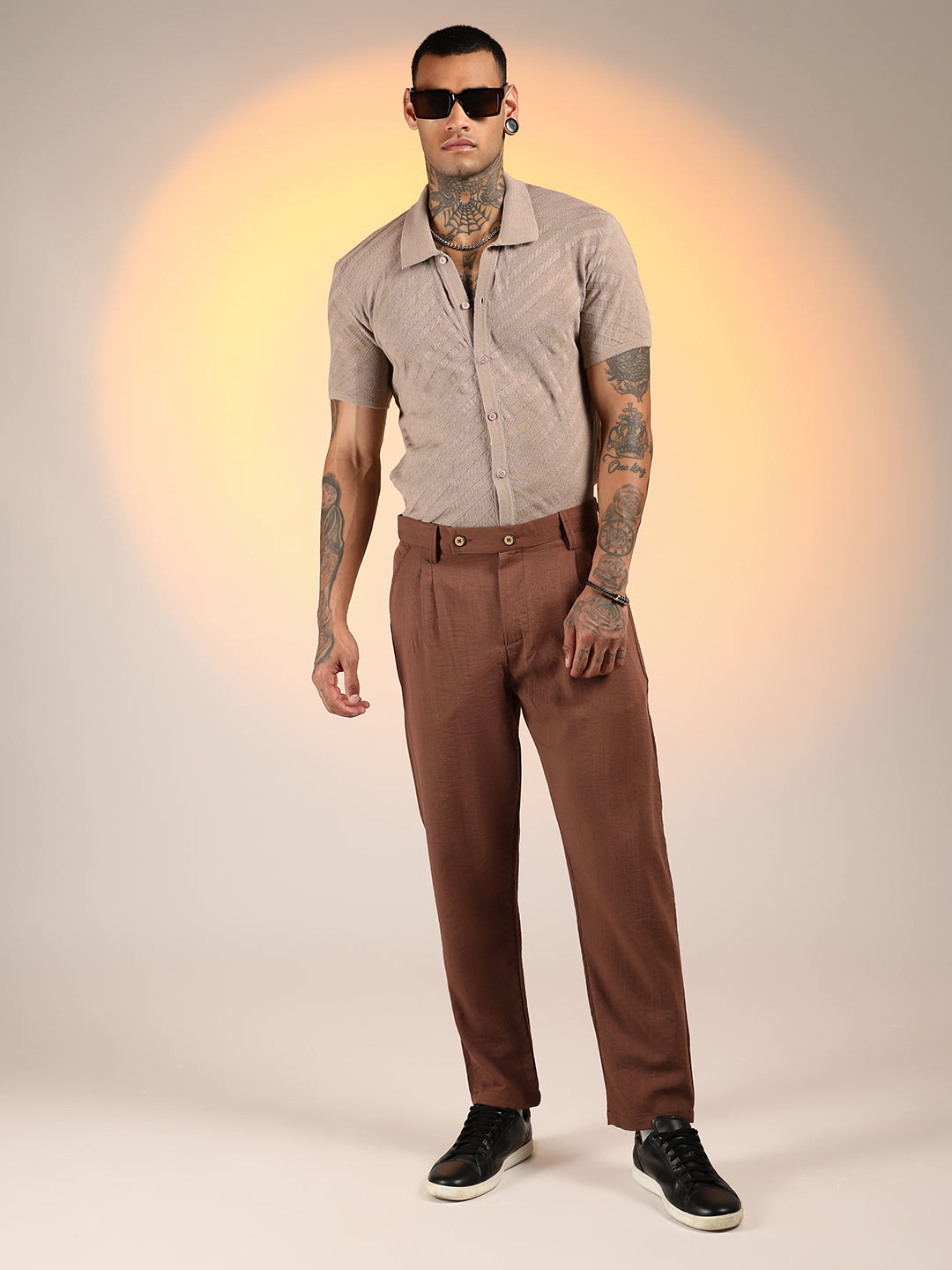 Mens Chesnut Brown Slim Fit Pleated Trousers