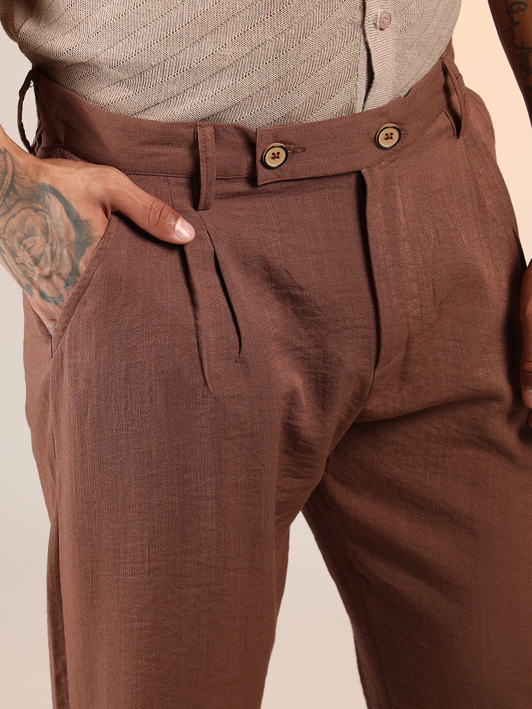 Mens Chesnut Brown Slim Fit Pleated Trousers