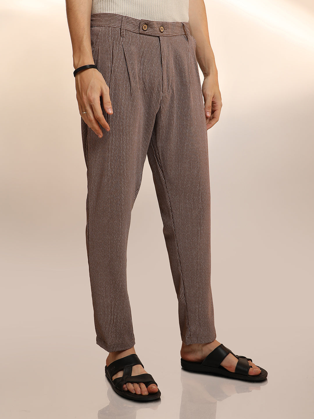 Mens Mocha Brown Striped Tailored Trousers