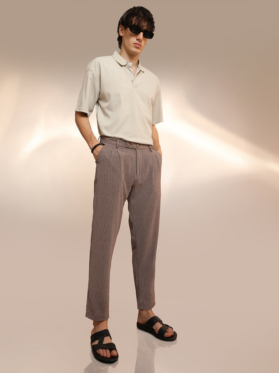 Mens Mocha Brown Striped Tailored Trousers
