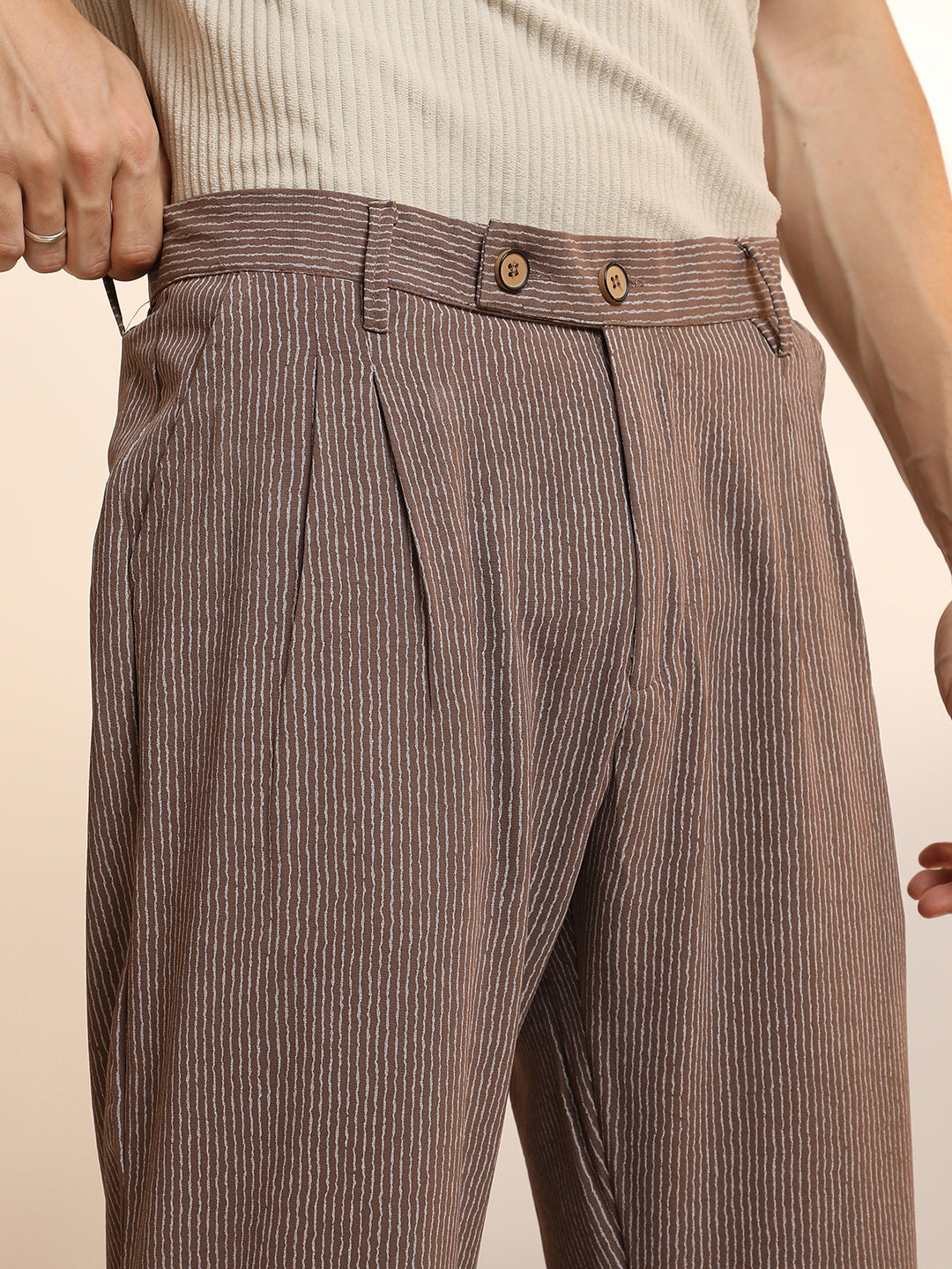 Mens Mocha Brown Striped Tailored Trousers