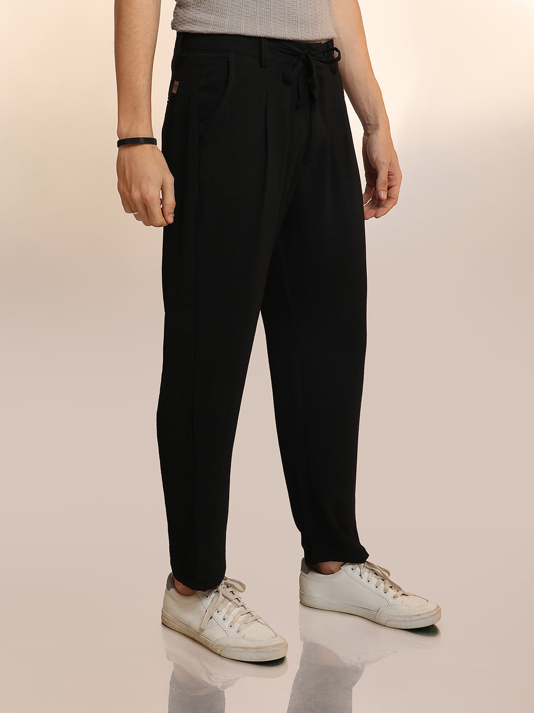 Mens Obsidian Black Solid Pleated Trousers